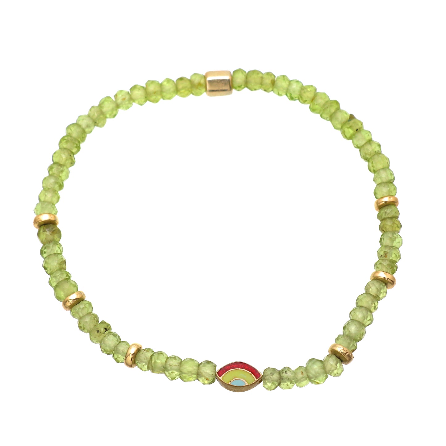 Peridot evil eye charm stretch bracelet with green, red and blue enamel in gold plated 925 sterling silver