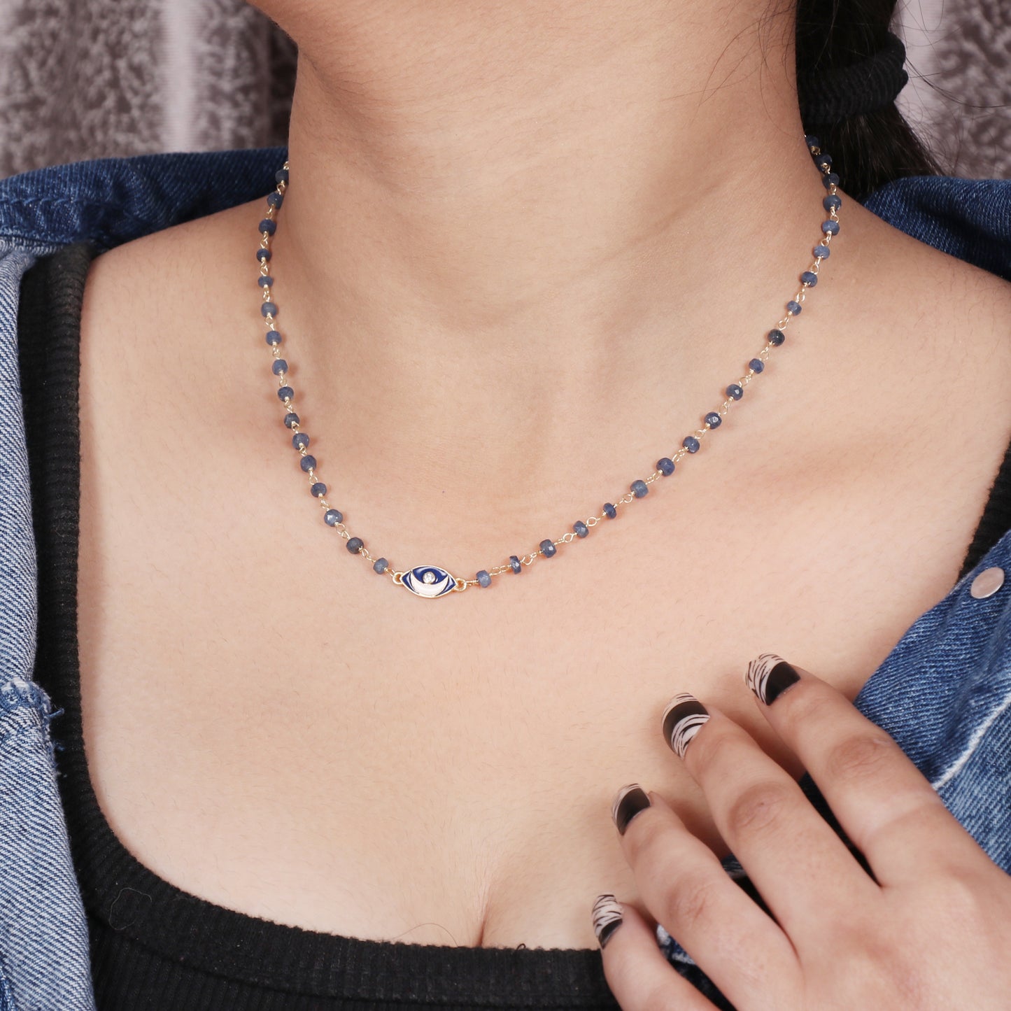 Lapis lazuli moon charm rosary necklace in gold plated 925 sterling silver