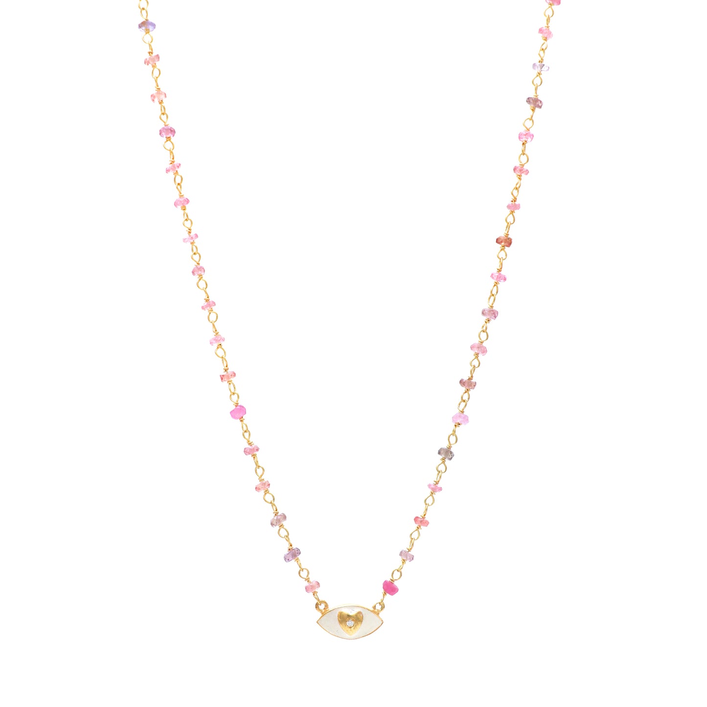 Pink Tourmaline beaded necklace with white enamel Heart charm in gold plated 925 sterling silver