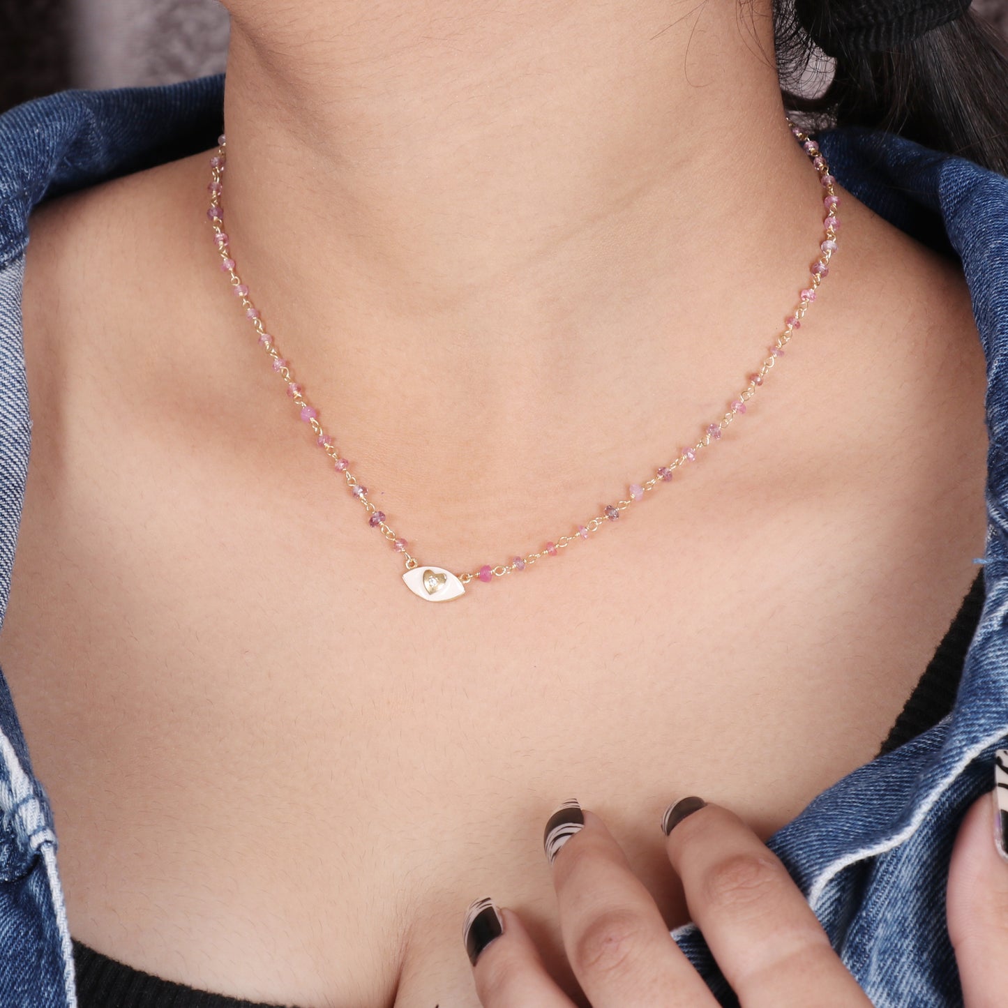 Pink Tourmaline beaded necklace with white enamel Heart charm in gold plated 925 sterling silver