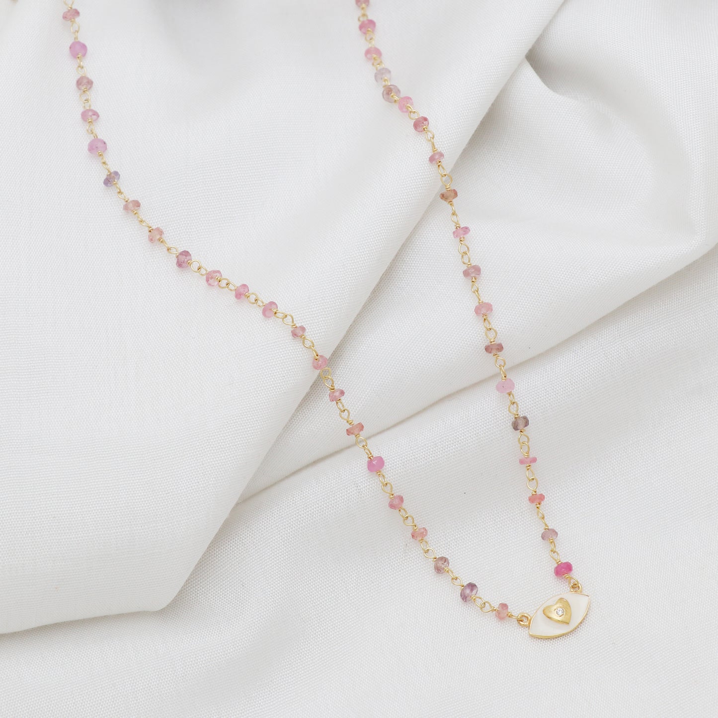 Pink Tourmaline beaded necklace with white enamel Heart charm in gold plated 925 sterling silver