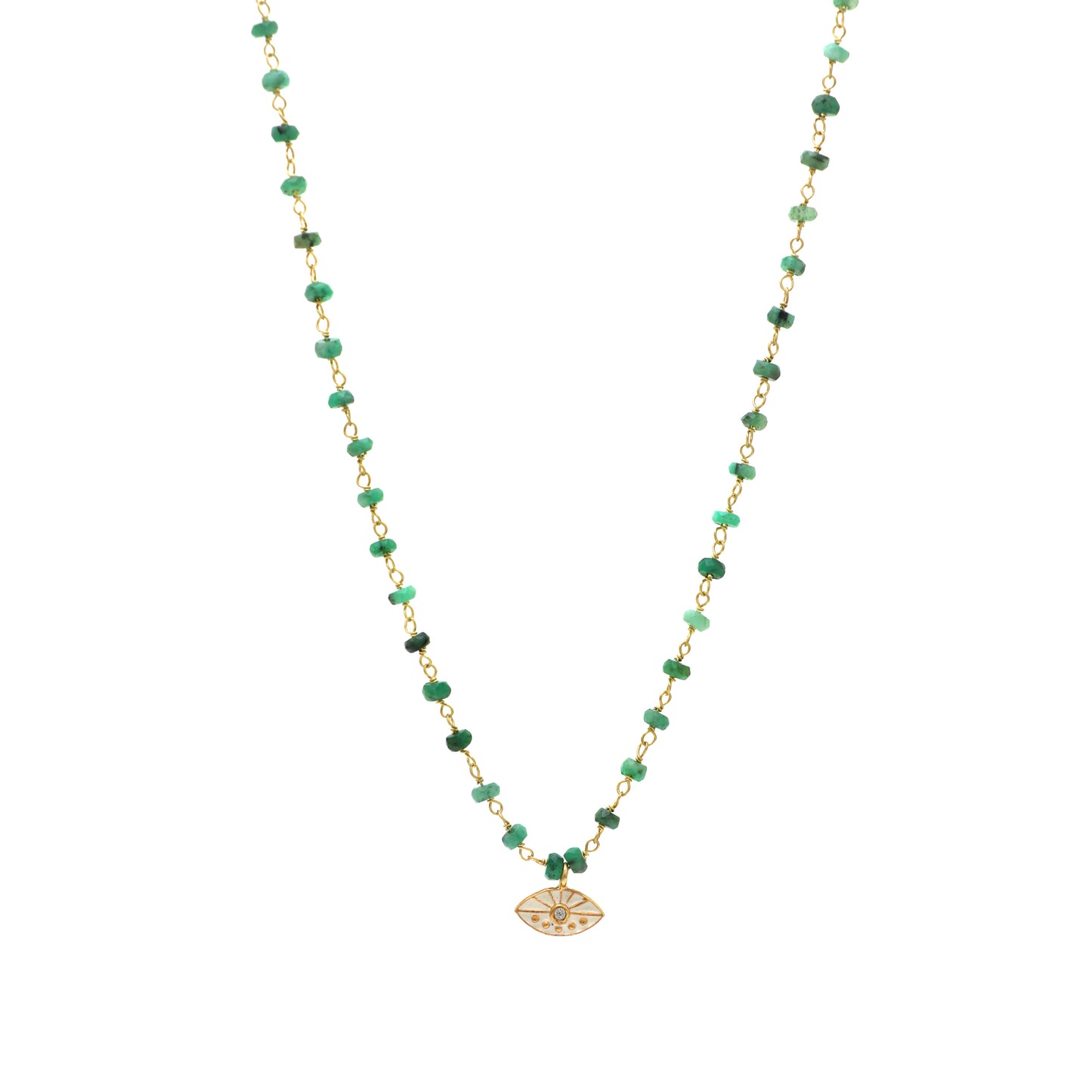 Emerald evil eye charm rosary necklace with white enamel and zircon stone in gold plated 925 sterling silver