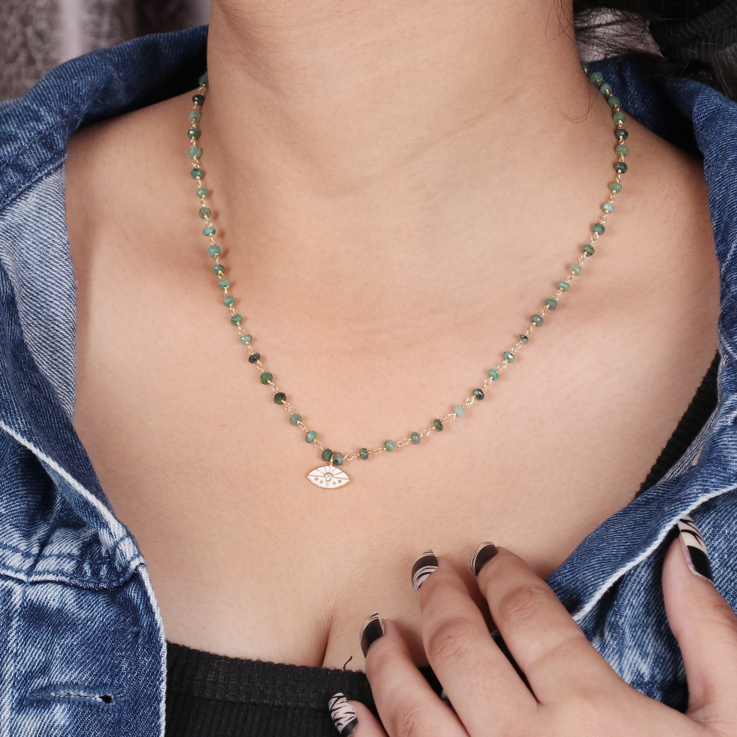 Emerald evil eye charm rosary necklace with white enamel and zircon stone in gold plated 925 sterling silver
