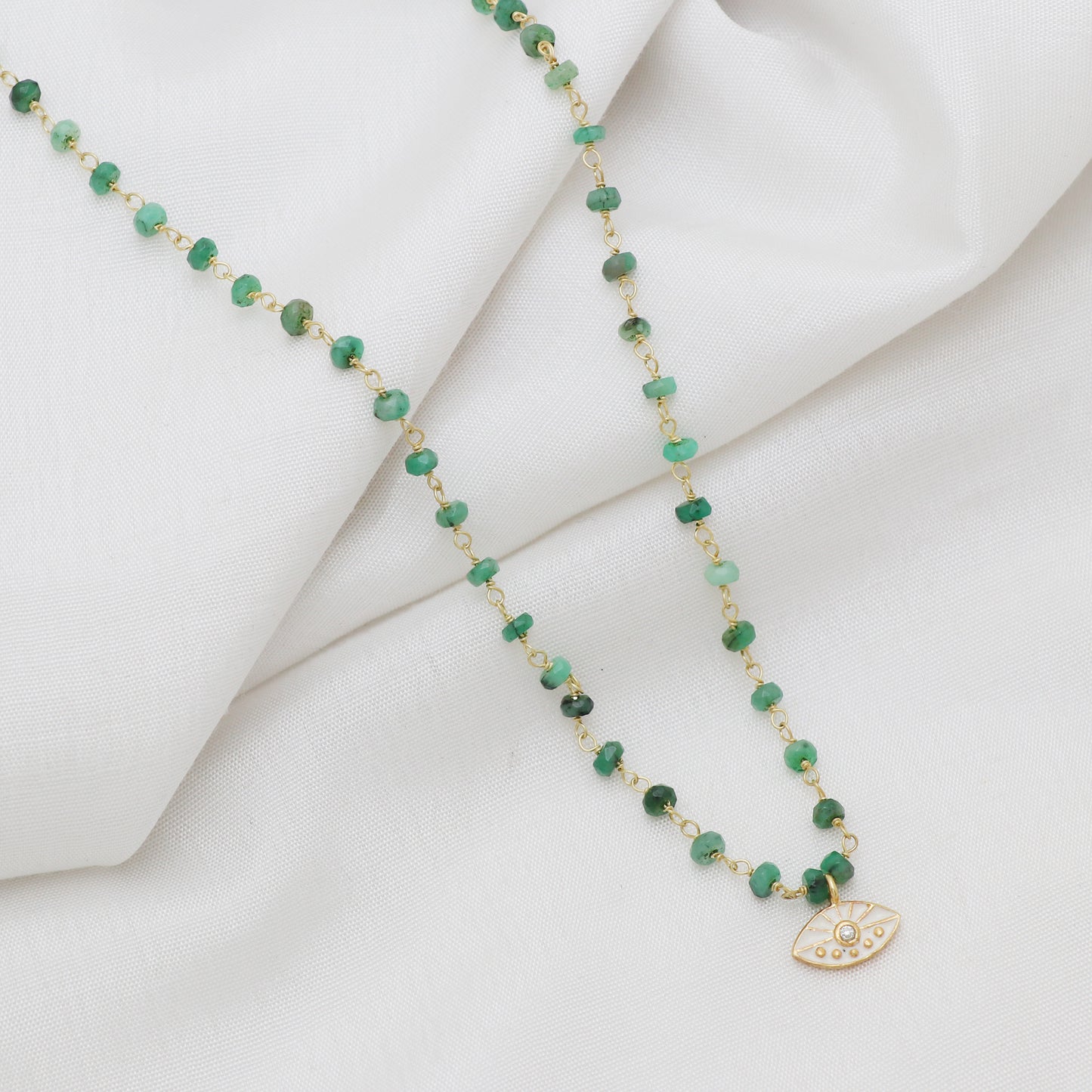 Emerald evil eye charm rosary necklace with white enamel and zircon stone in gold plated 925 sterling silver