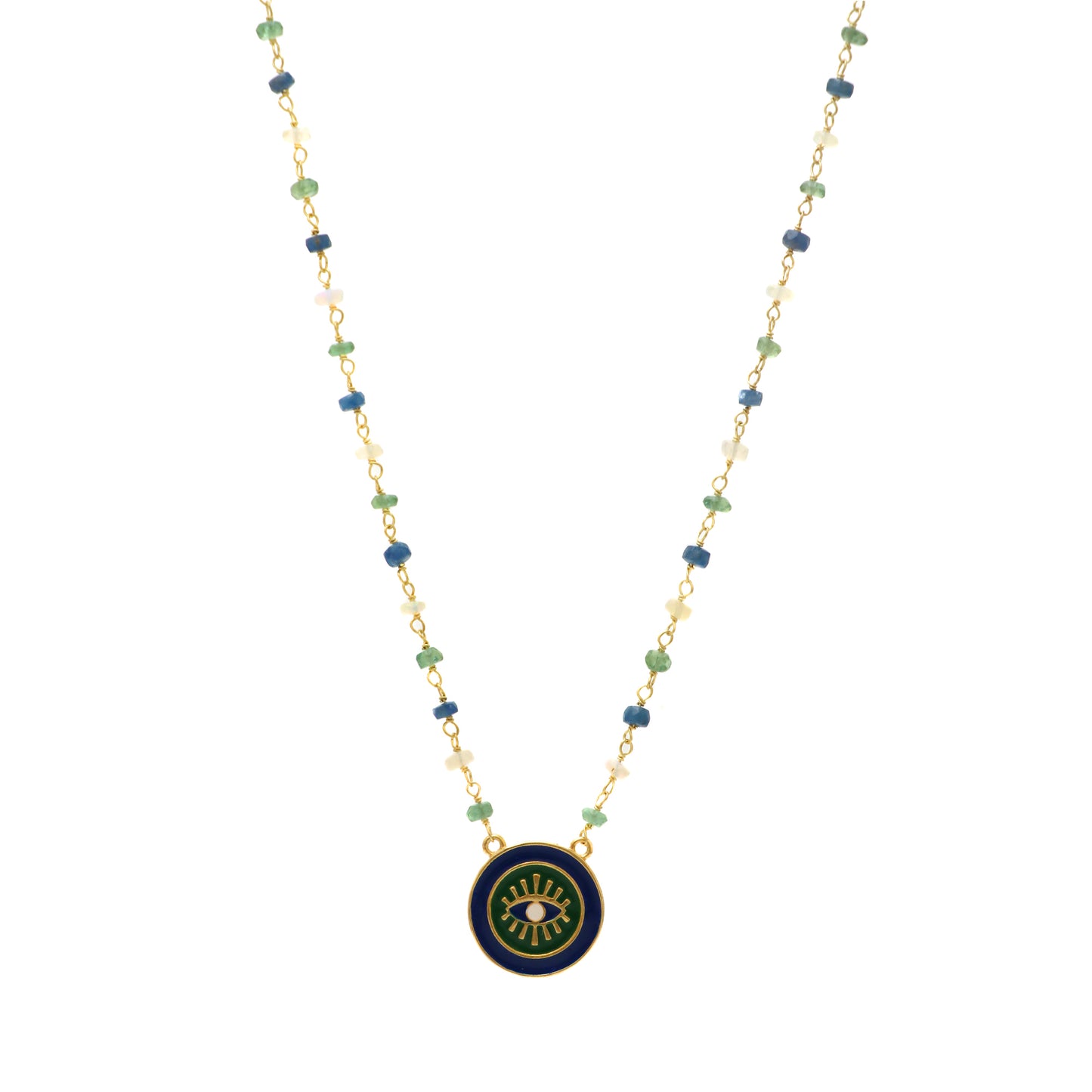 Evil Eye charm necklace with blue, green, white enamel and Opal, Apatite, Sapphire beads in gold plated 925 sterling silver