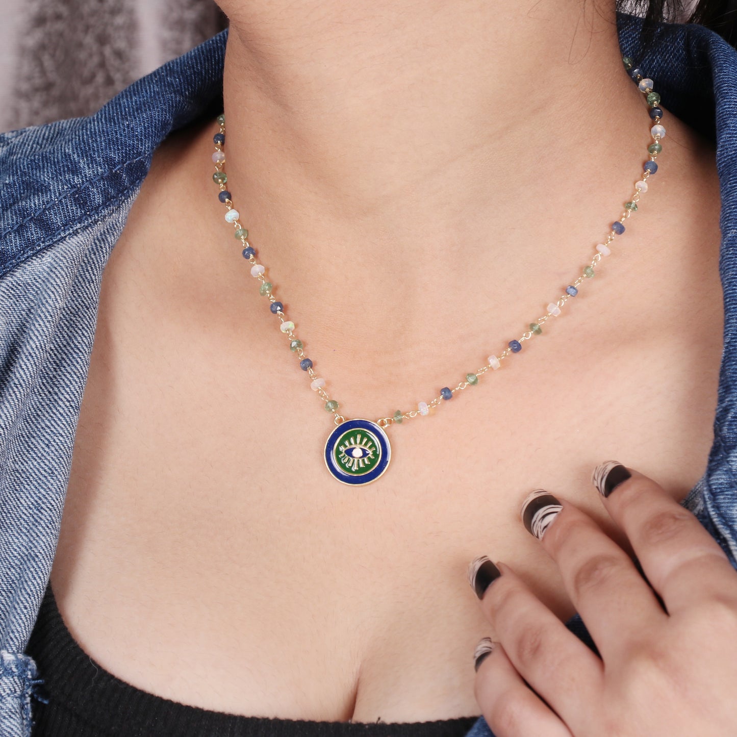 Evil Eye charm necklace with blue, green, white enamel and Opal, Apatite, Sapphire beads in gold plated 925 sterling silver