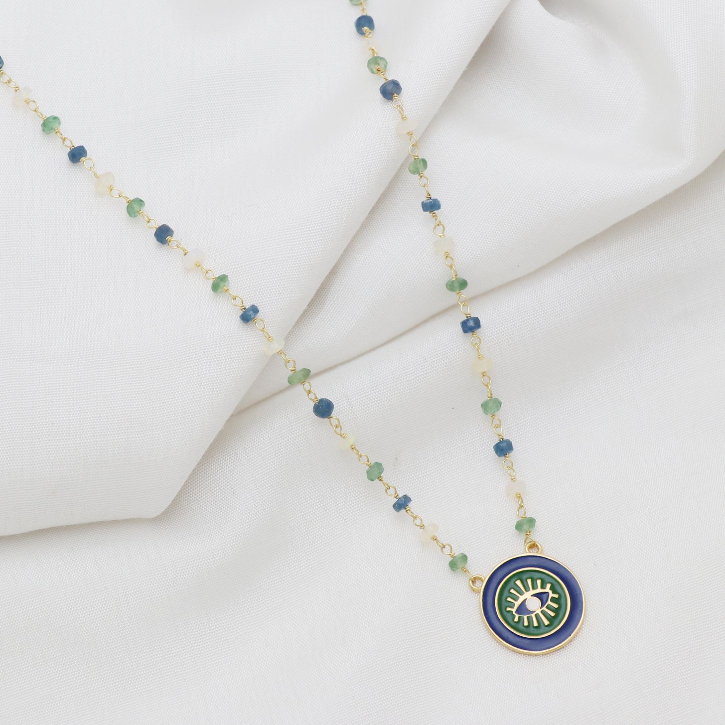 Evil Eye charm necklace with blue, green, white enamel and Opal, Apatite, Sapphire beads in gold plated 925 sterling silver
