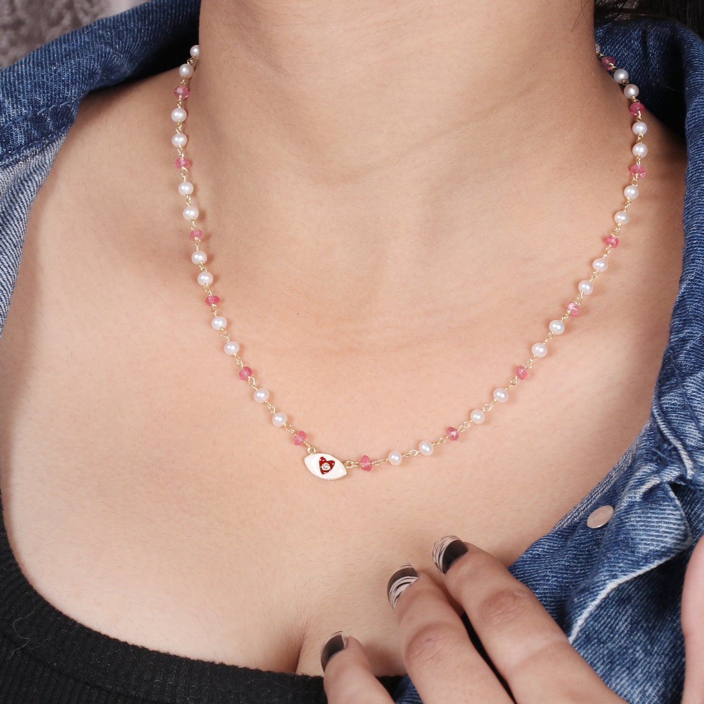 Pearl and pink topaz heart charm necklace with red and white enamel and zircon stone in gold plated 925 sterling silver