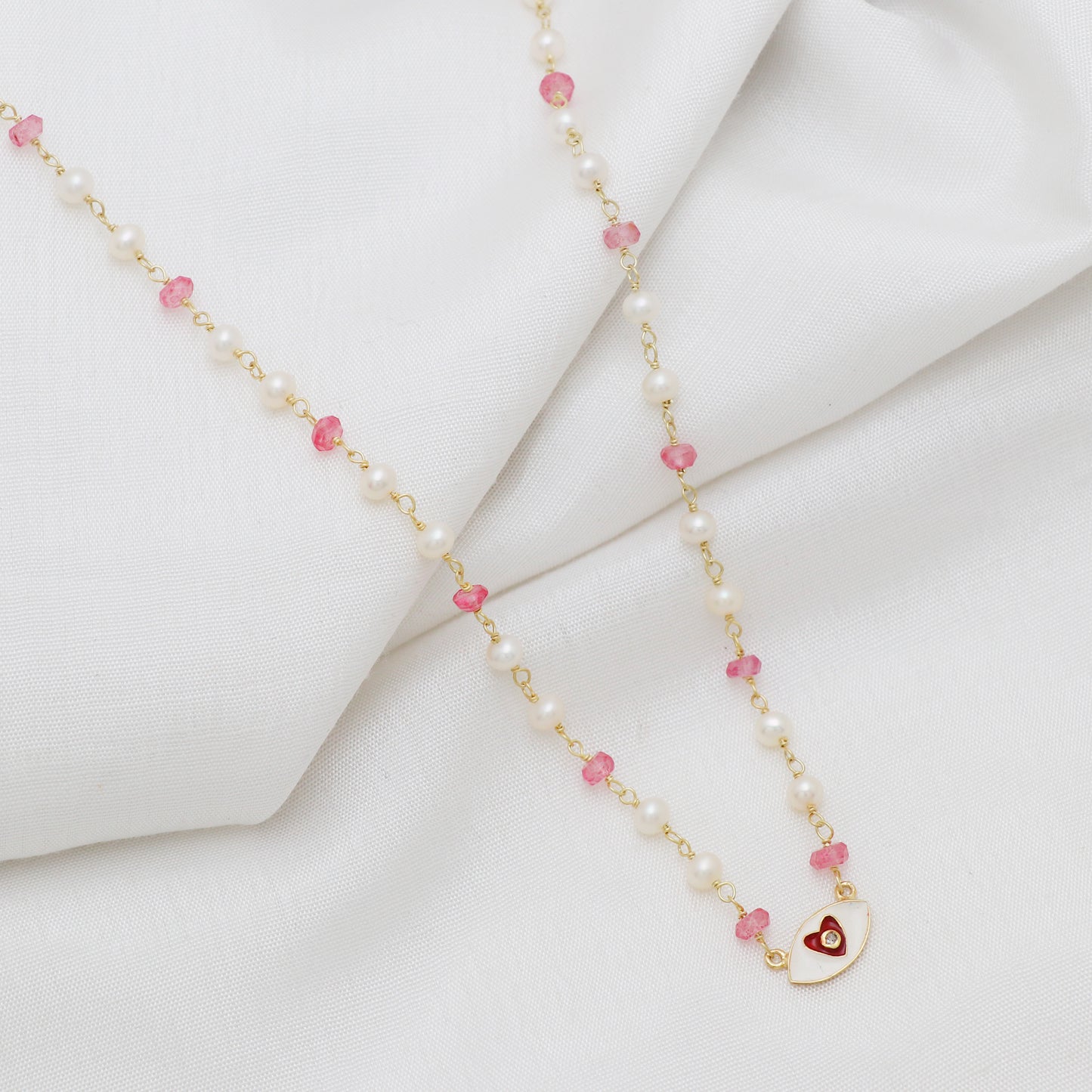 Pearl and pink topaz heart charm necklace with red and white enamel and zircon stone in gold plated 925 sterling silver