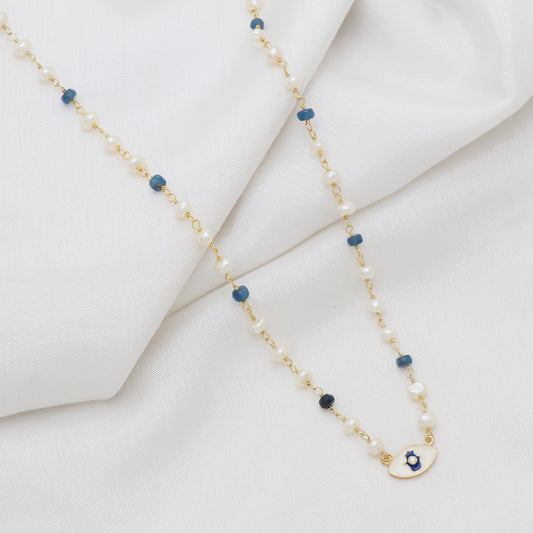 Pearl and Blue Saphhire beaded necklace with white and blue enamel Hamsa charm and zircon stone in 22k gold plated 925 sterling silver