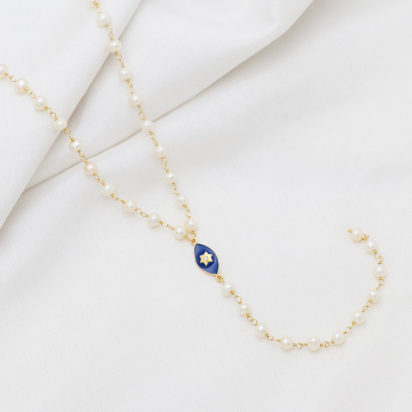 Pearl rosary Y necklace with blue enamel star charm and zircon stone in 22k gold plated 925 sterling silver