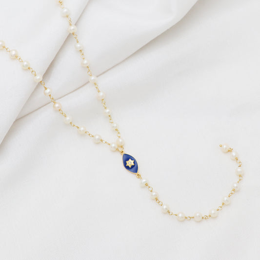 Pearl rosary Y necklace with blue enamel star charm and zircon stone in 22k gold plated 925 sterling silver