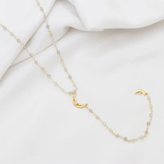 Labradorite rosary Y necklace with crescent moon charm and zircon stones in 22k gold plated 925 sterling silver