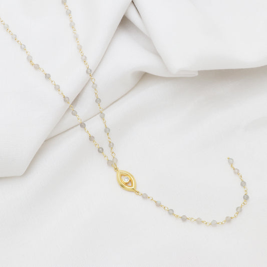 Labradorite rosary Y necklace with evil eye charm and zircon stone in 22k gold plated 925 sterling silver