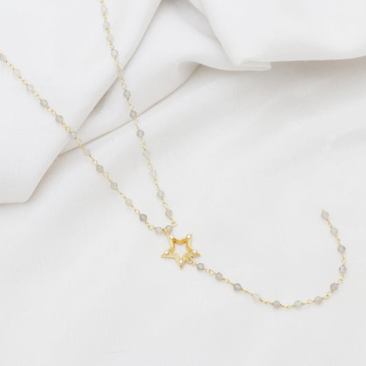 Labradorite rosary Y necklace with star charm and zircon stones in 22k gold plated 925 sterling silver