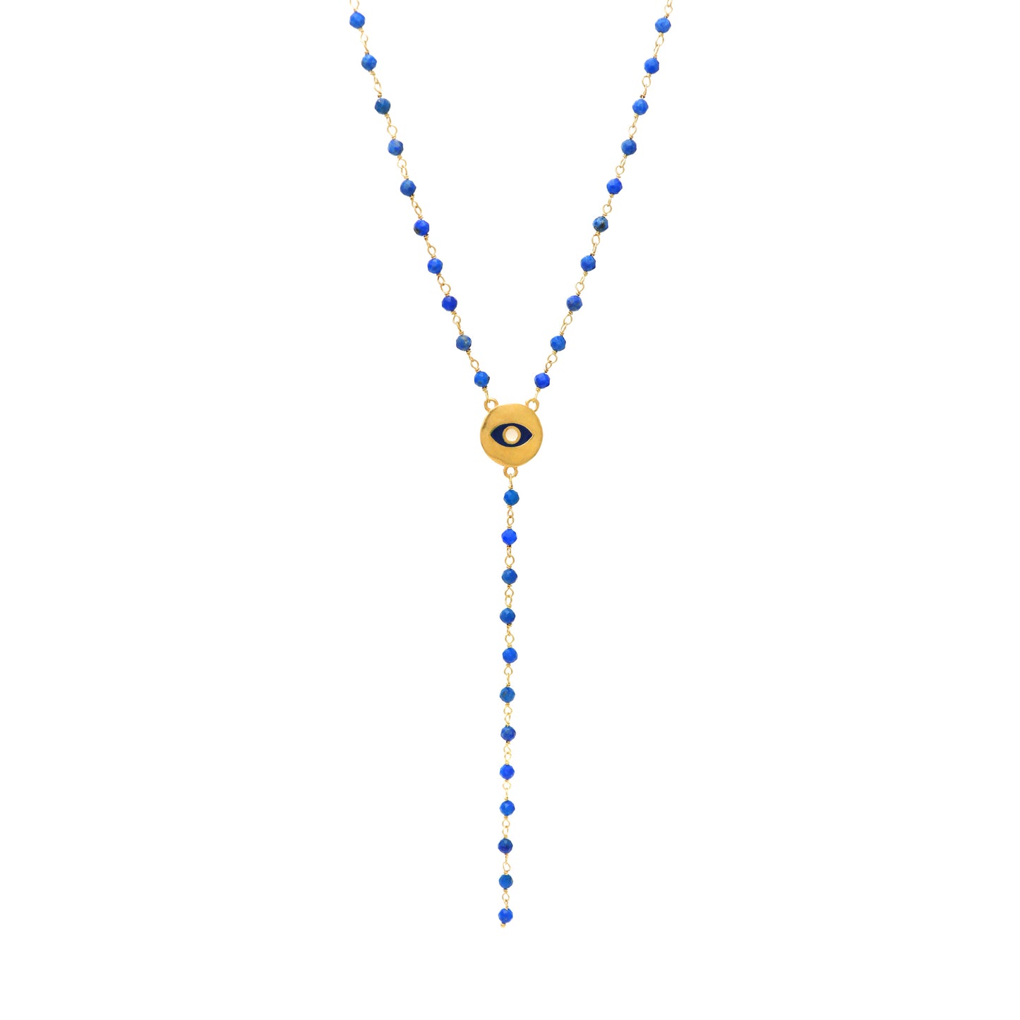 Lapis Lazuli rosary Y necklace with blue and white enamel evil eye charm