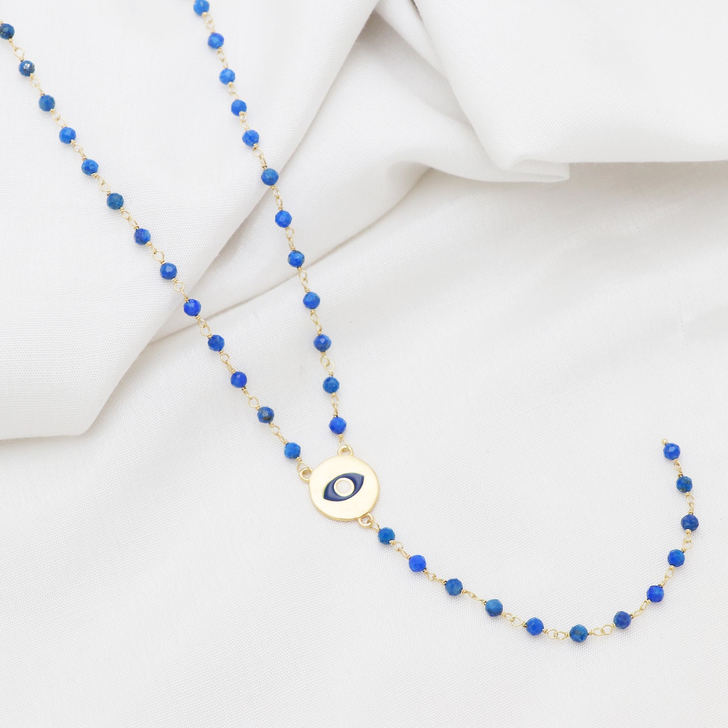 Lapis Lazuli rosary Y necklace with blue and white enamel evil eye charm