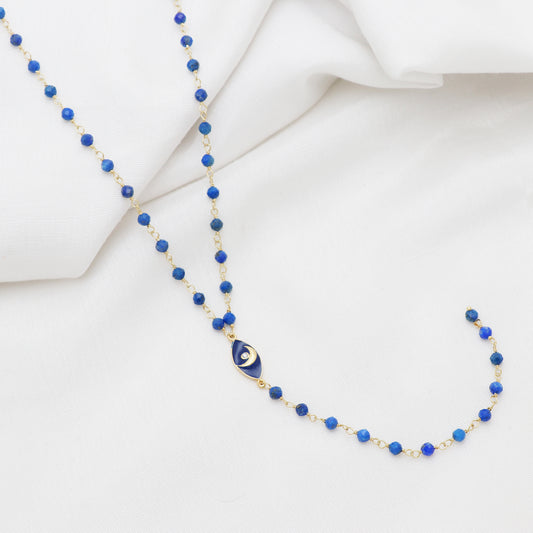 Lapis Lazuli rosary Y necklace with blue enamel crescent moon charm and zircon stone in 22K gold plated 925 sterling silver