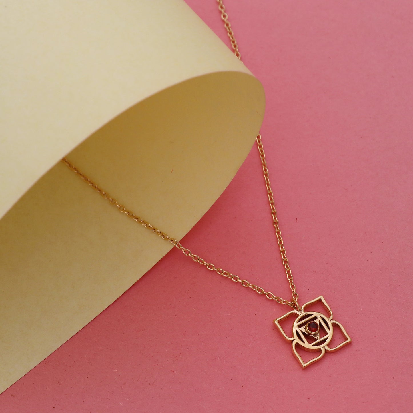 Muladhara Root Chakra Charm necklace with Garnet gemstone in 22k gold plated 925 sterling silver