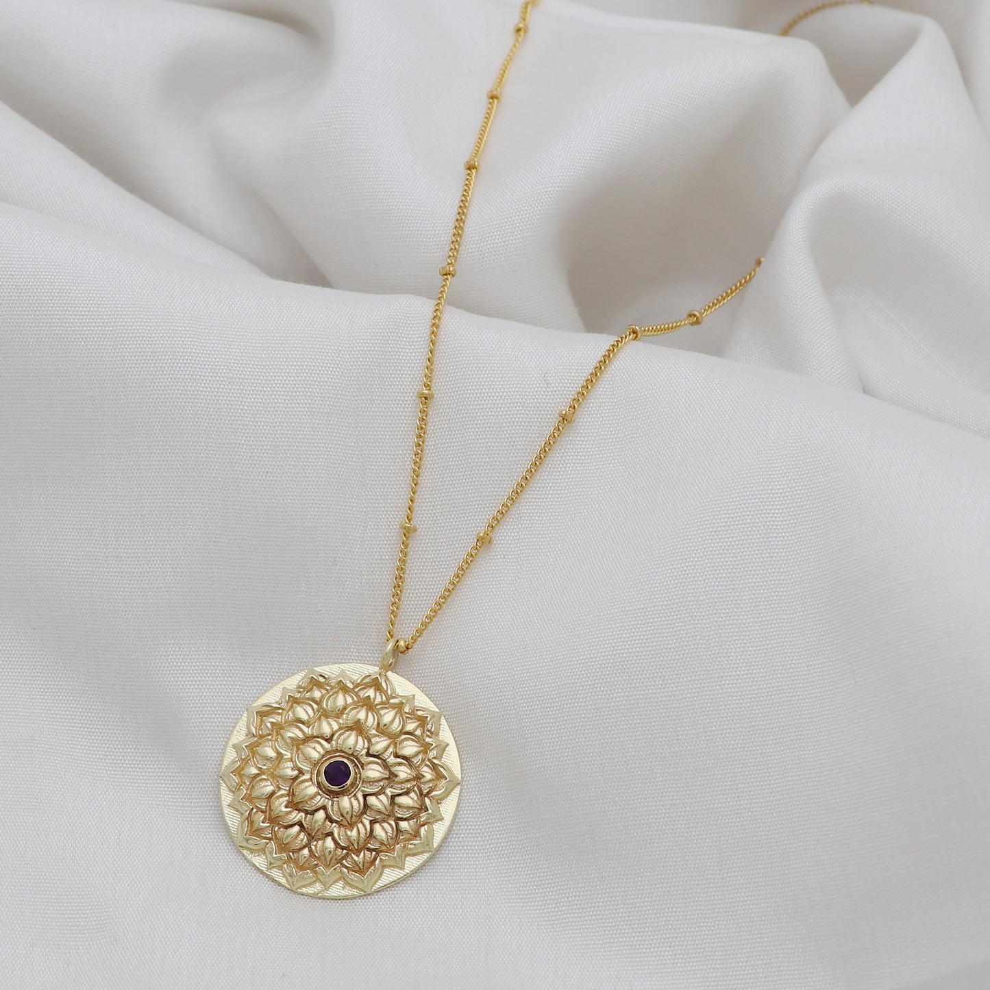 Sahasrara Crown Chakra Charm ball chain necklace with Amethyst gemstone in 22k gold plated 925 sterling silver
