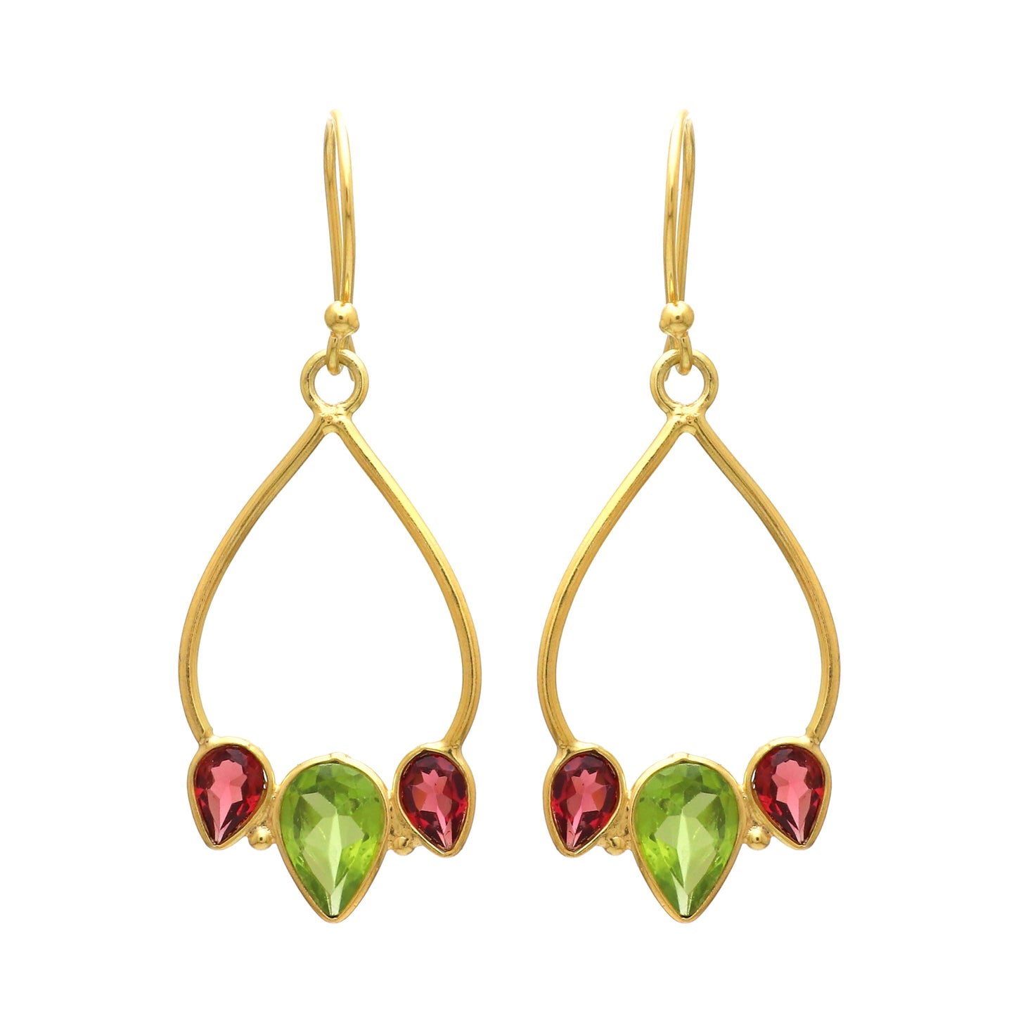 Gold plated 925 sterling silver earrings with peridot and garnet gemstone