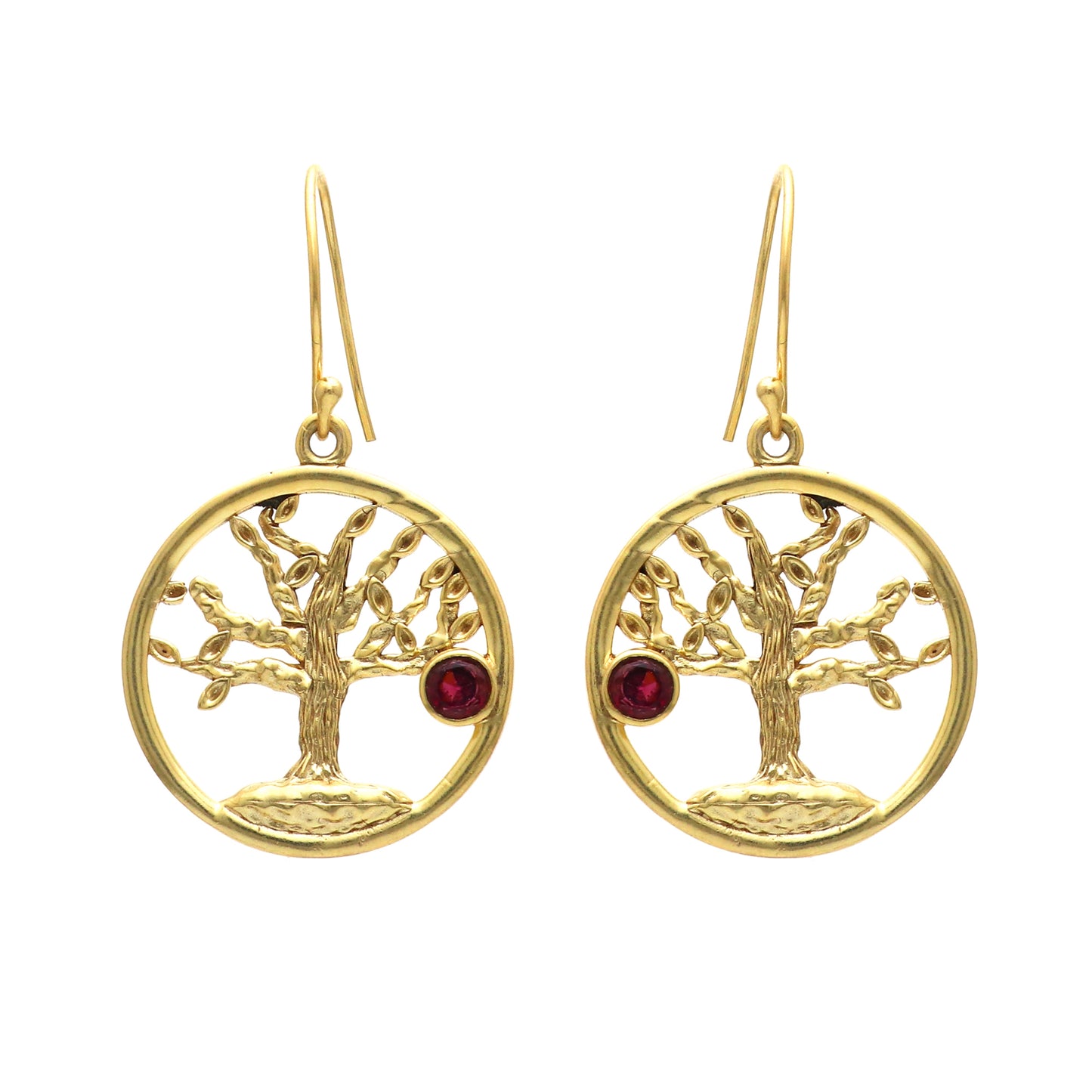 Gold plated 925 sterling silver tree of life earrings with garnet gemstone