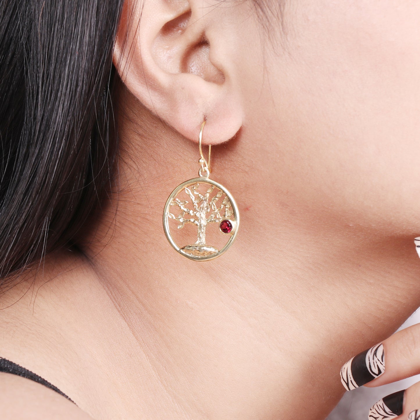 Gold plated 925 sterling silver tree of life earrings with garnet gemstone