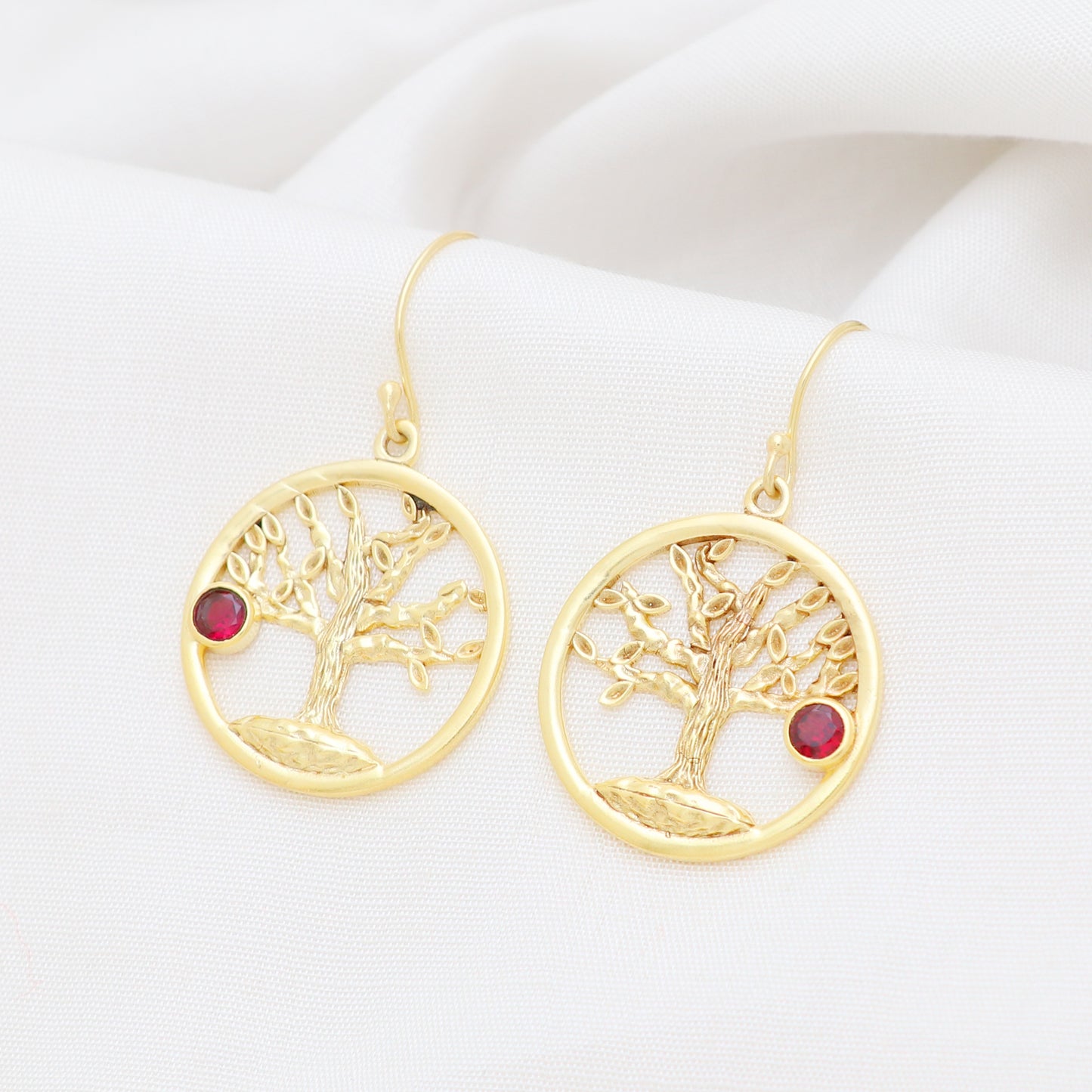 Gold plated 925 sterling silver tree of life earrings with garnet gemstone