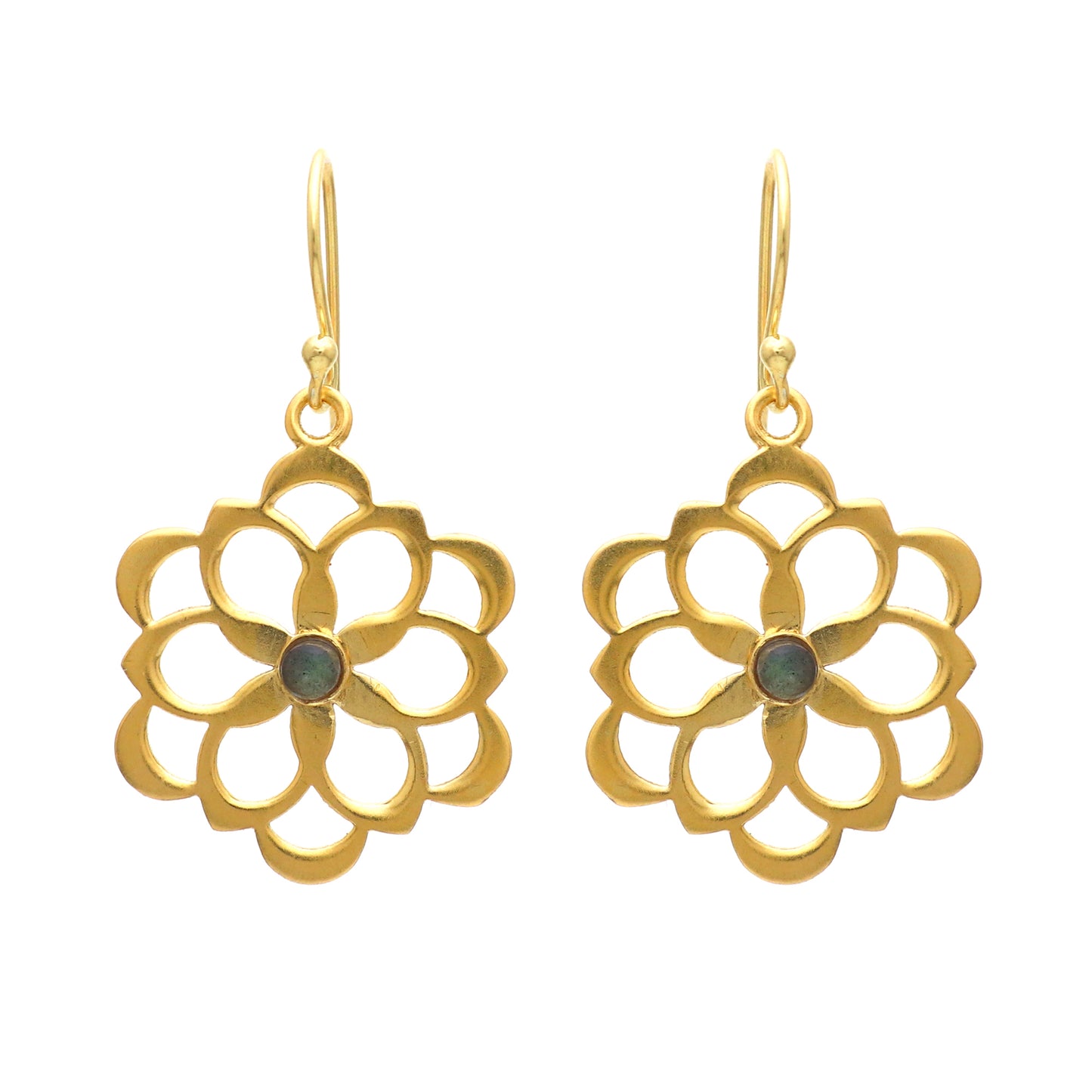 Flower shaped gold plated 925 sterling silver earrings with labradorite gemstone