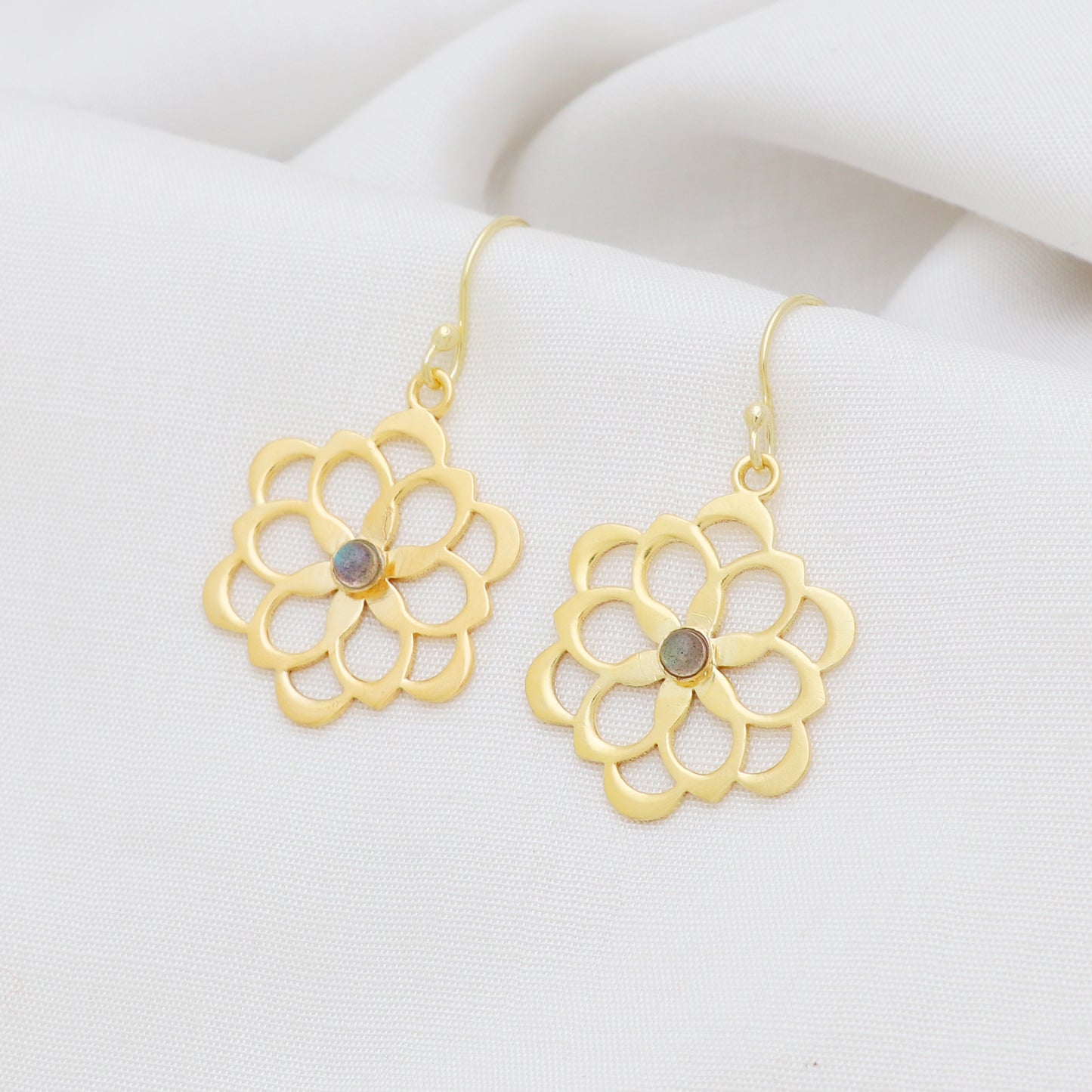 Flower shaped gold plated 925 sterling silver earrings with labradorite gemstone