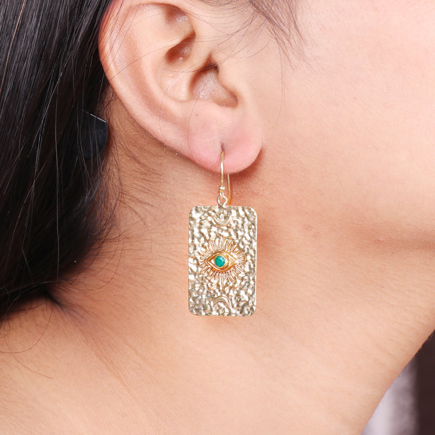 Evil eye symbol gold plated 925 sterling silver textured earrings with emerald gemstone