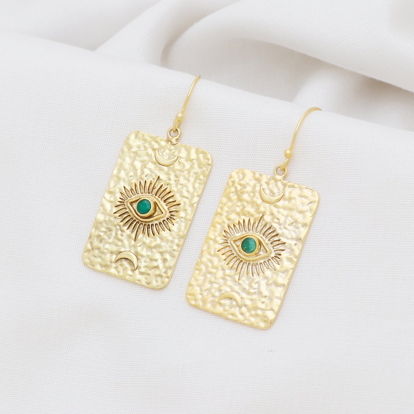 Evil eye symbol gold plated 925 sterling silver textured earrings with emerald gemstone