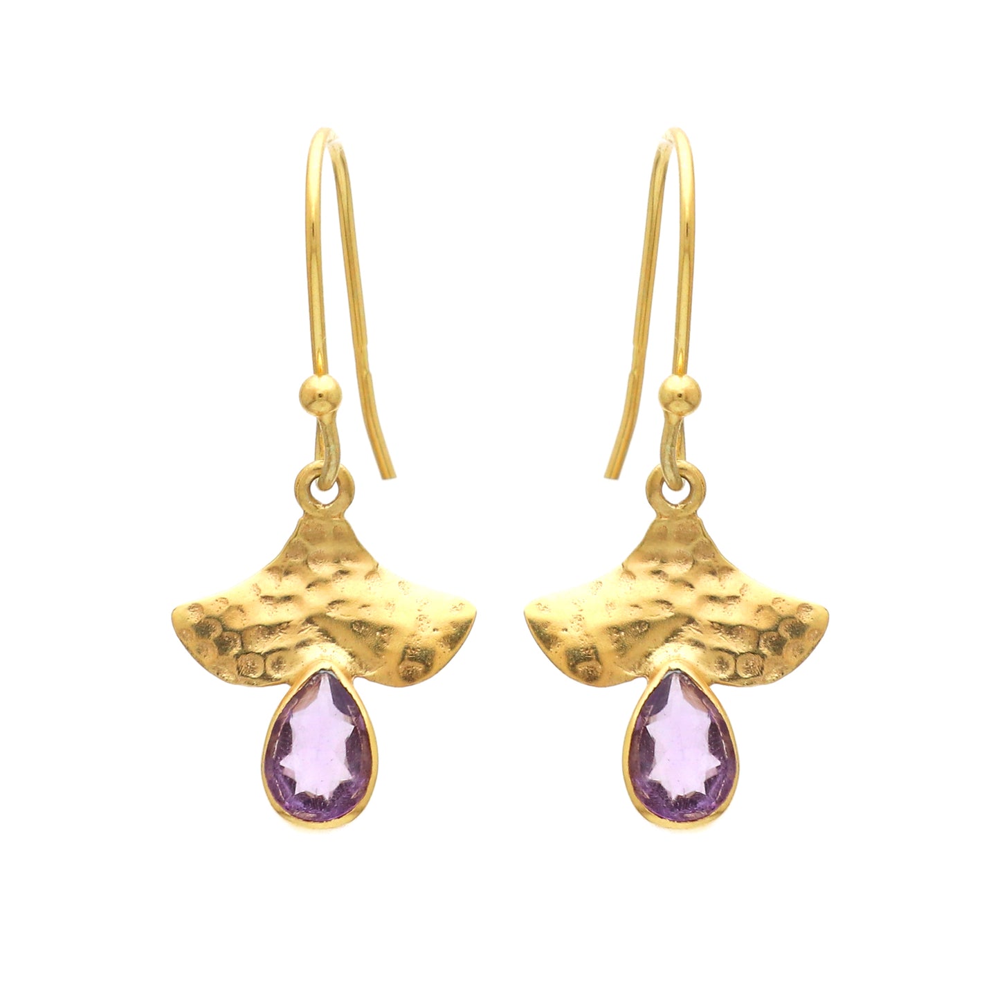 Hammered texture gold plated 925 sterling silver earrings with amethyst gemstone