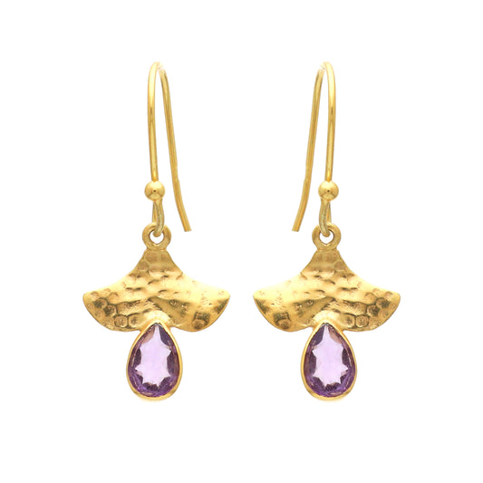 Hammered texture gold plated 925 sterling silver earrings with amethyst gemstone