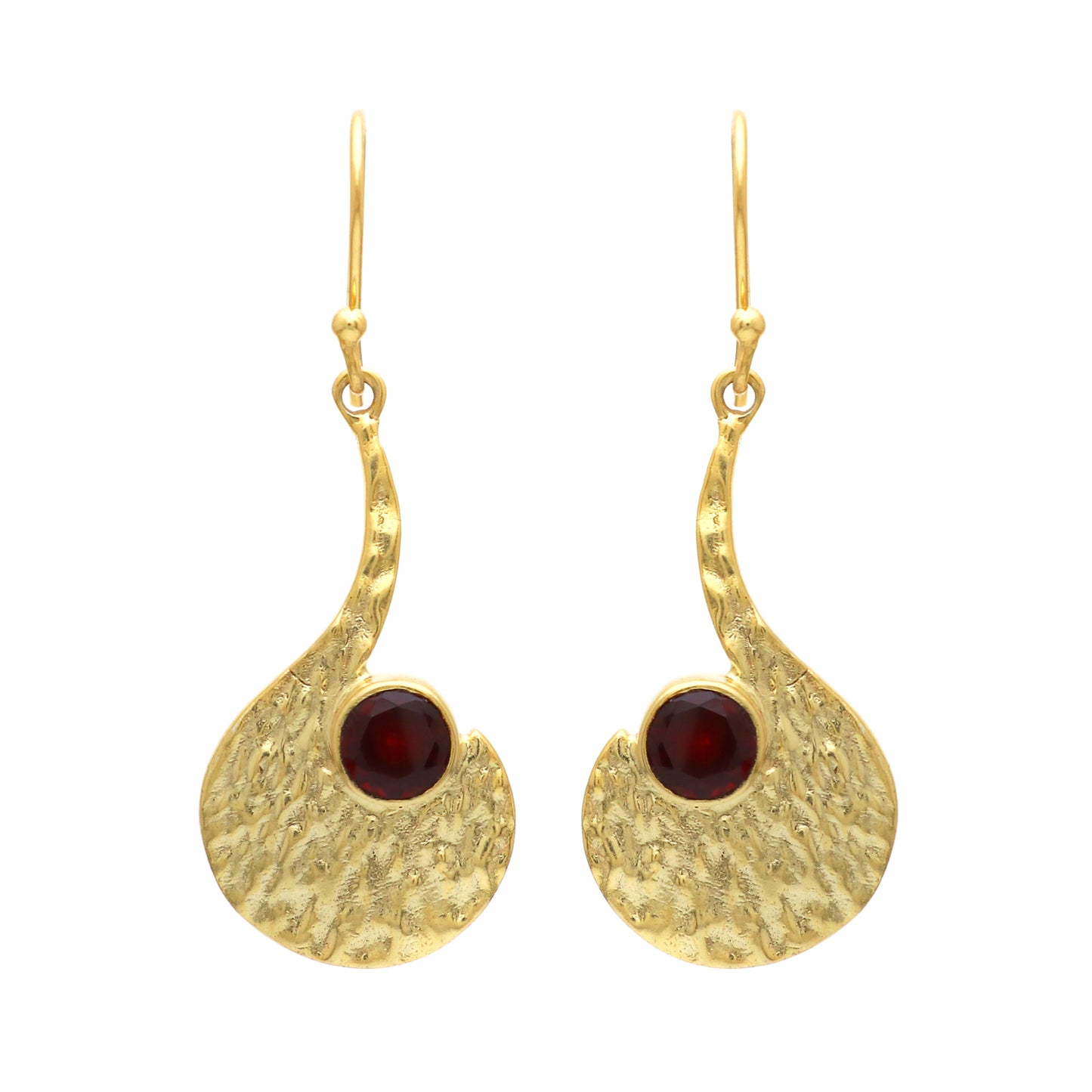 Gold plated 925 sterling silver textured earrings with garnet gemstone