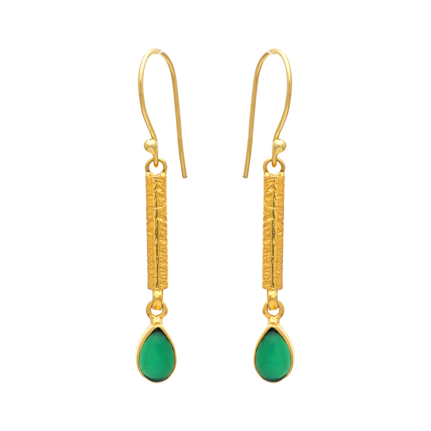 Gold plated 925 sterling silver textured earrings with green onyx gemstone