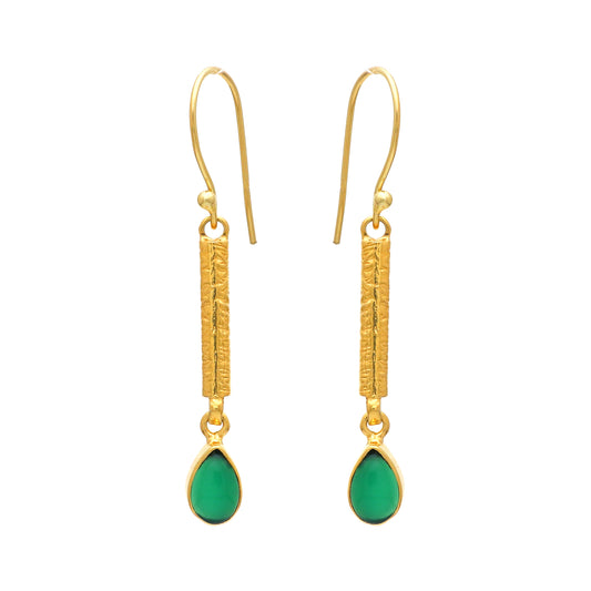 Gold plated 925 sterling silver textured earrings with green onyx gemstone