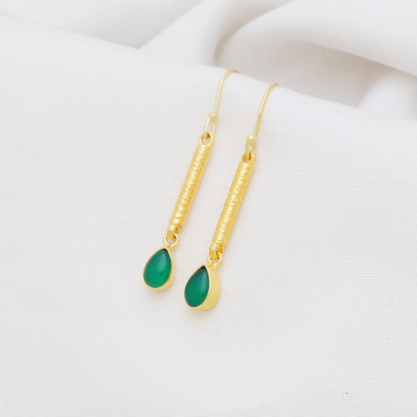 Gold plated 925 sterling silver textured earrings with green onyx gemstone