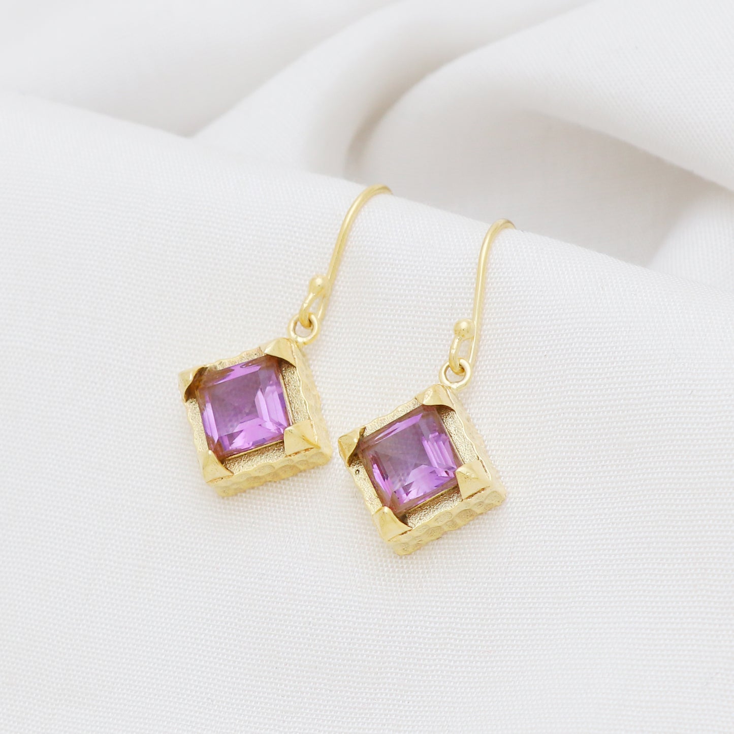 Hammered texture gold plated 925 sterling silver earrings with amethyst gemstone