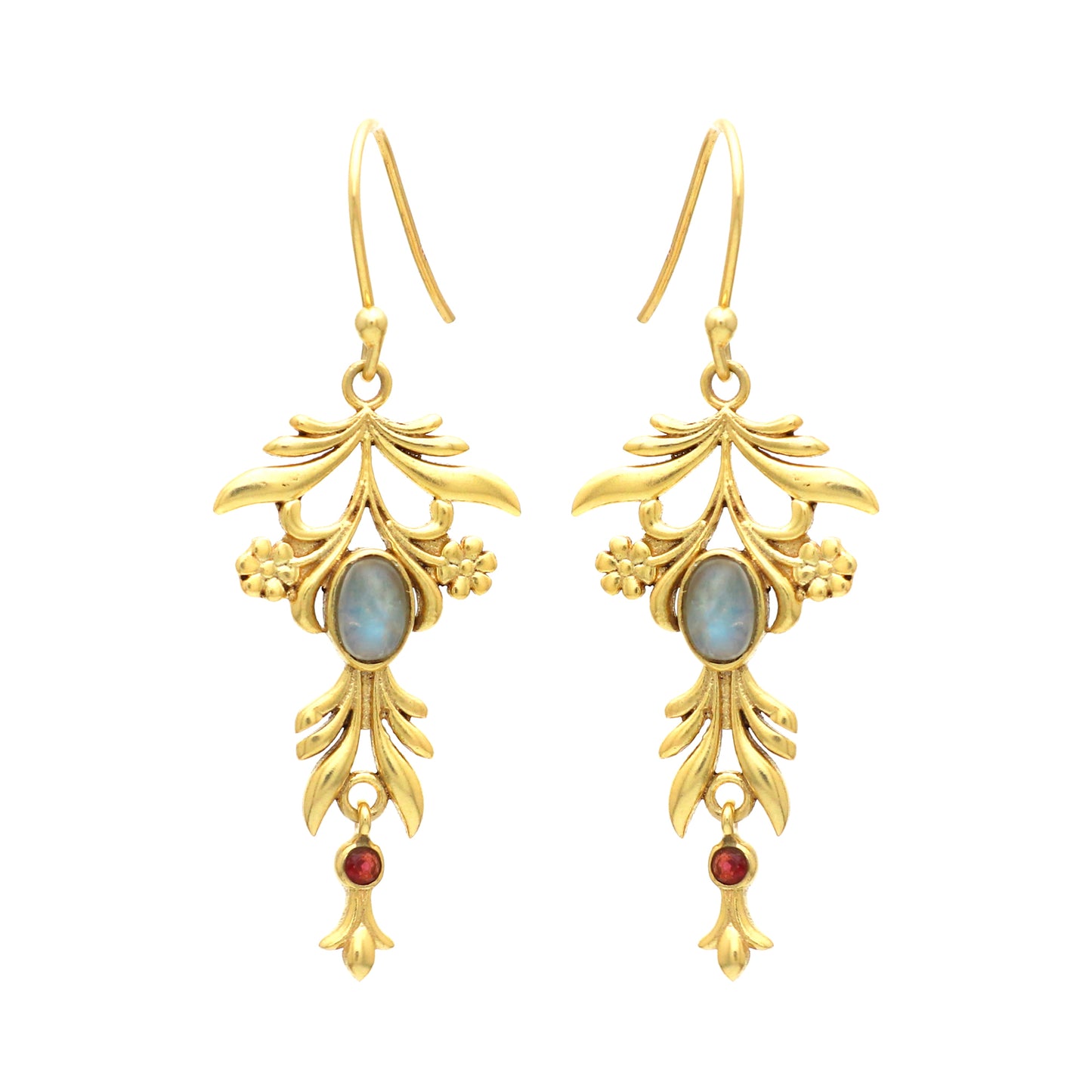 Gold plated 925 sterling silver earrings with garnet and rainbow moonstone gemstone