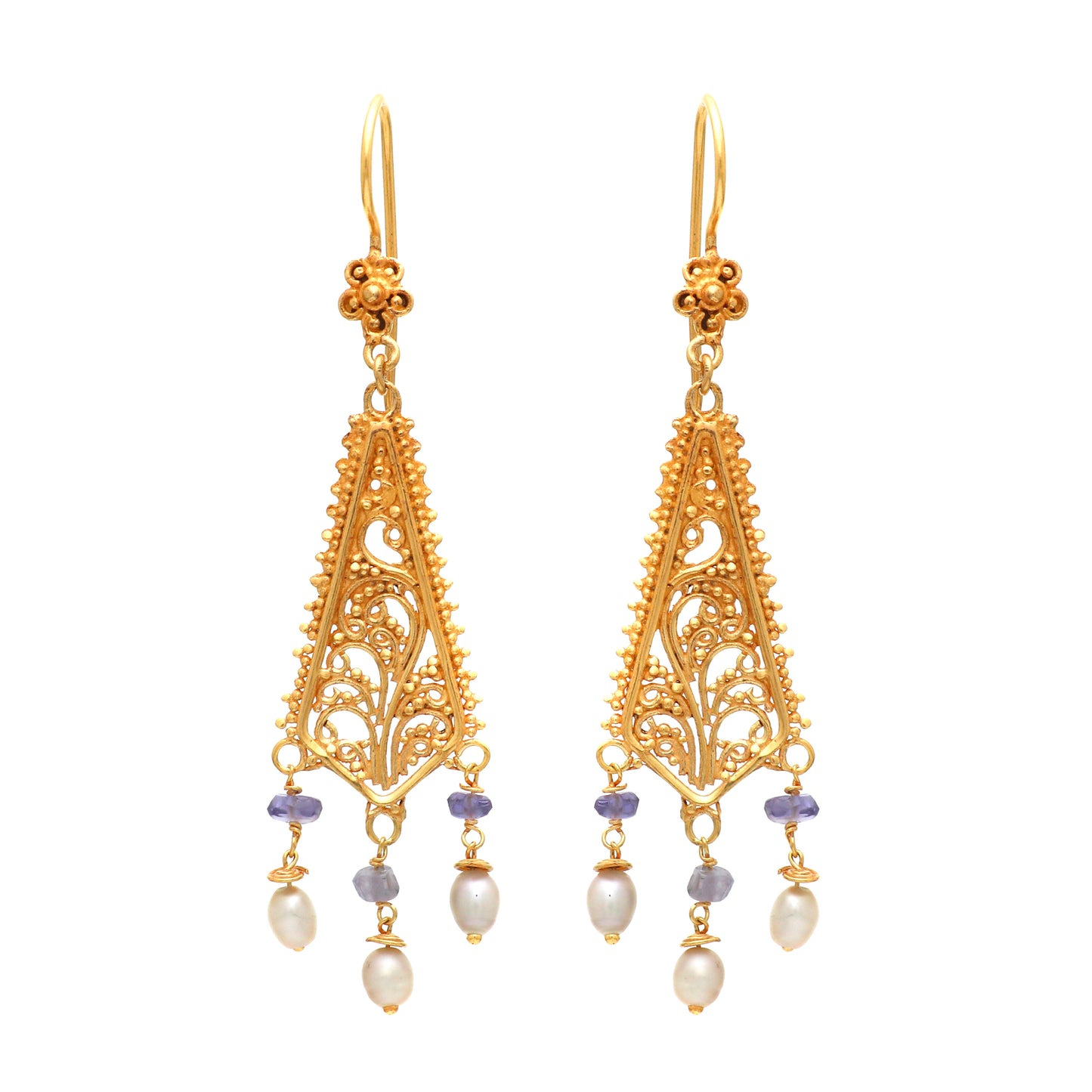 Filigree gold plated 925 sterling silver earrings with pearl and iolite gemstone
