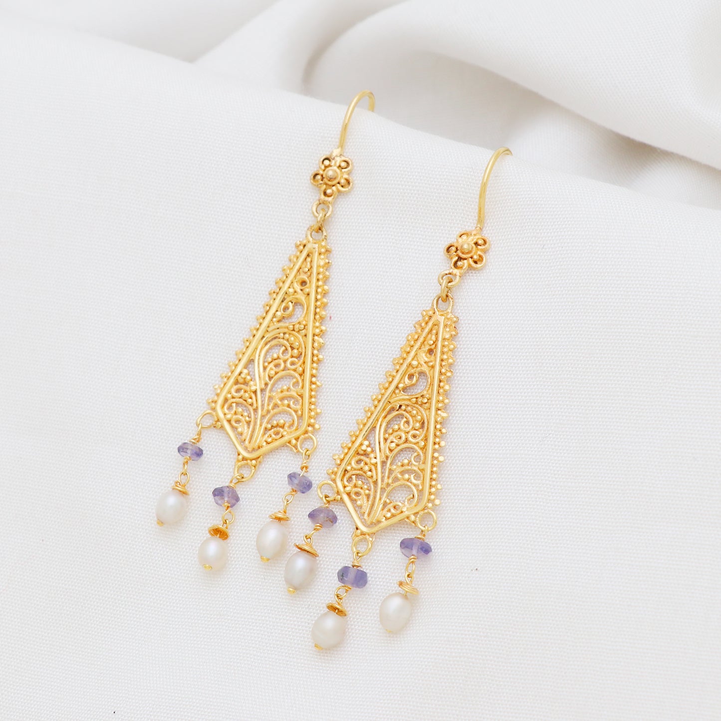 Filigree gold plated 925 sterling silver earrings with pearl and iolite gemstone