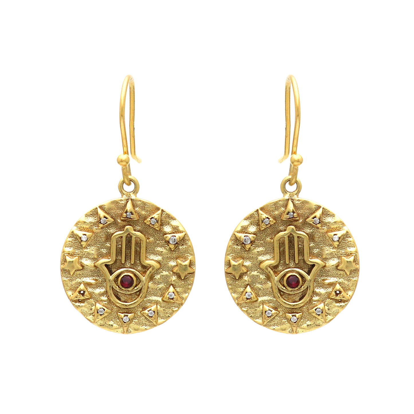 Hamsa symbol gold plated 925 sterling silver textured earrings with garnet and zircon gemstone