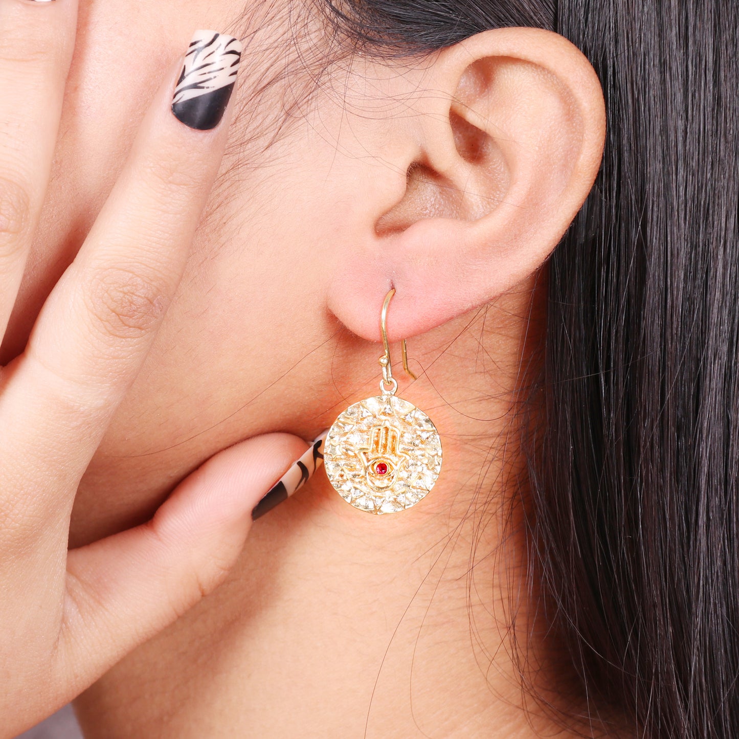 Hamsa symbol gold plated 925 sterling silver textured earrings with garnet and zircon gemstone