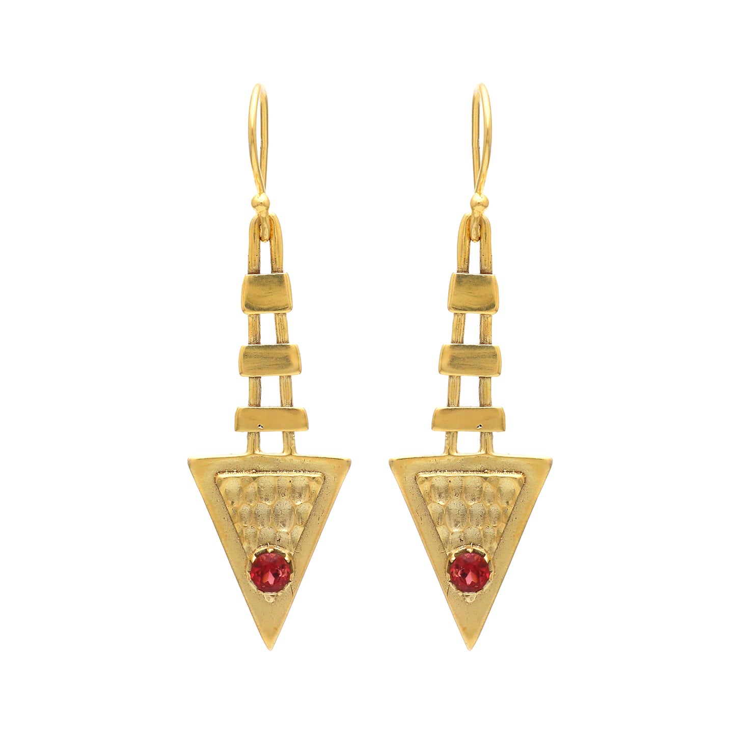 Hammered textured earrings with garnet gemstone in gold plated 925 sterling silver