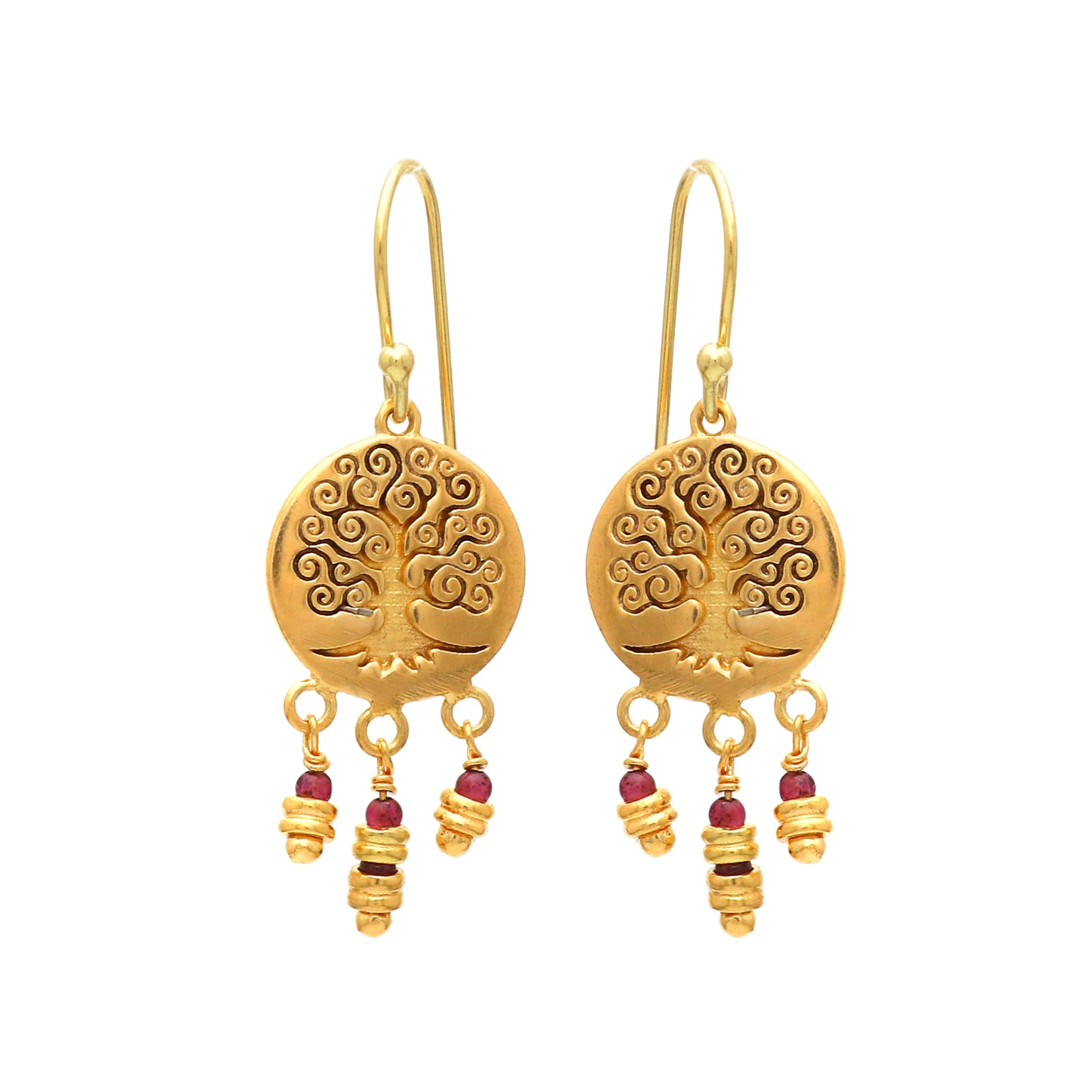 Gold plated 925 sterling silver tree of life earrings with garnet gemstone