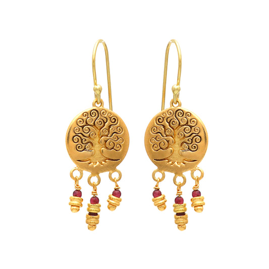 Gold plated 925 sterling silver tree of life earrings with garnet gemstone
