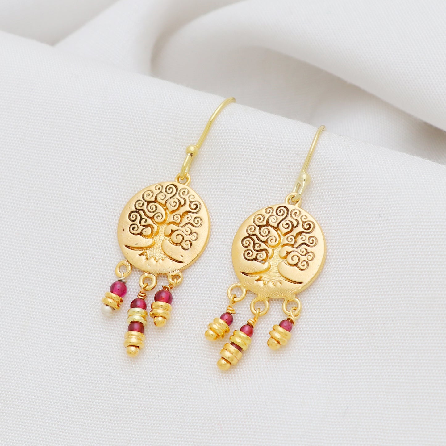 Gold plated 925 sterling silver tree of life earrings with garnet gemstone