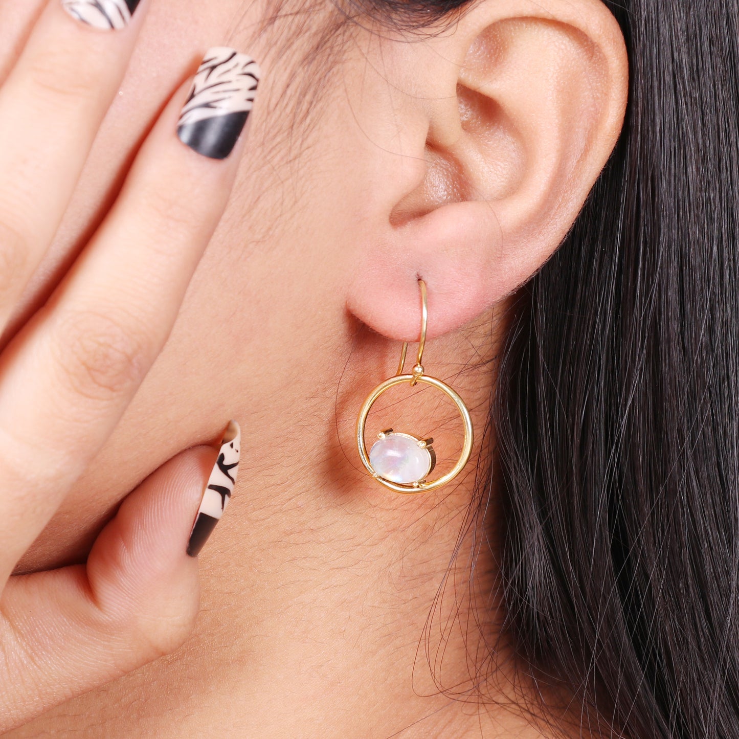 Rainbow moonstone gemstone earring in gold plated 925 sterling silver