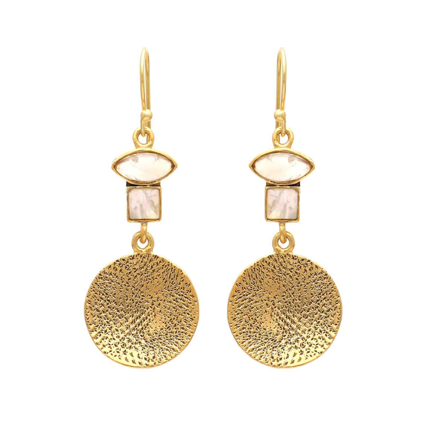 Textured earrings with rainbow moonstone gemstone in gold plated 925 sterling silver